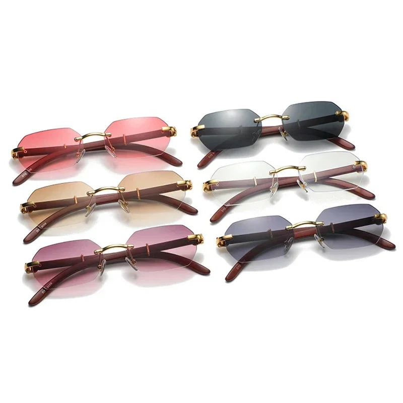 Trendy Rimless Sunglasses for Men Women Frameless Rectangle Wood Frame Sun Glasses Retro Shades Summer Traveling Eyewear UV400