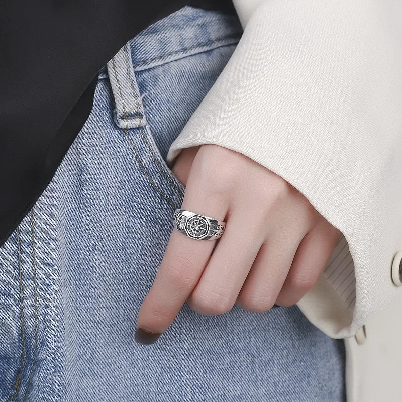 Retro Fashion Compass Ring Hexagonal Opening Adjustable Ring Hip Hop Party Jewelry Accessories Gift for Women