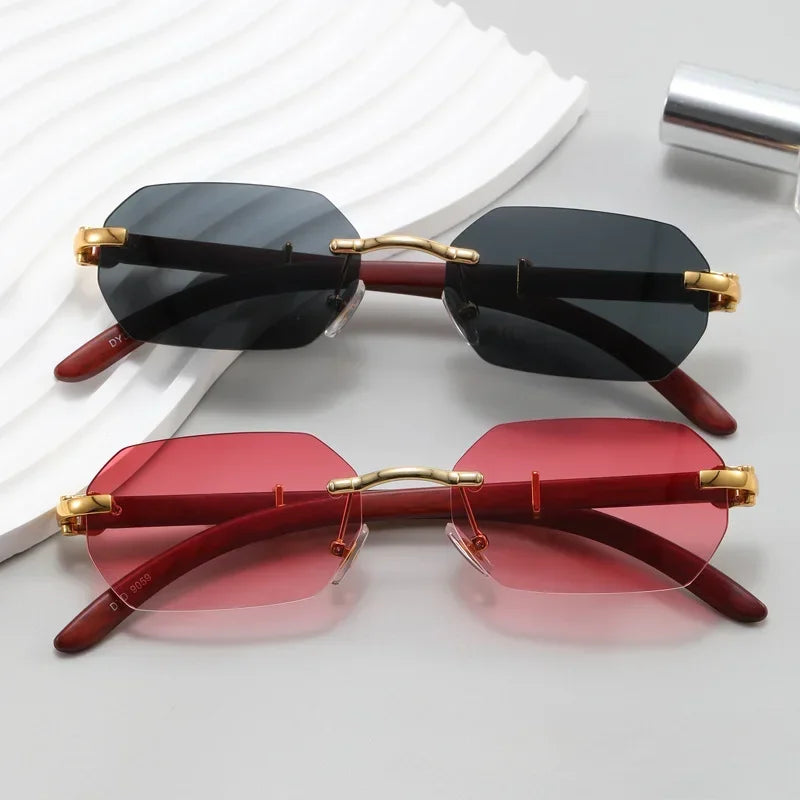 Trendy Rimless Sunglasses for Men Women Frameless Rectangle Wood Frame Sun Glasses Retro Shades Summer Traveling Eyewear UV400