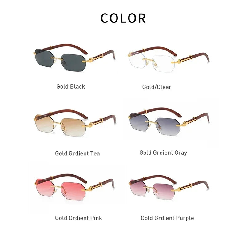 Trendy Rimless Sunglasses for Men Women Frameless Rectangle Wood Frame Sun Glasses Retro Shades Summer Traveling Eyewear UV400