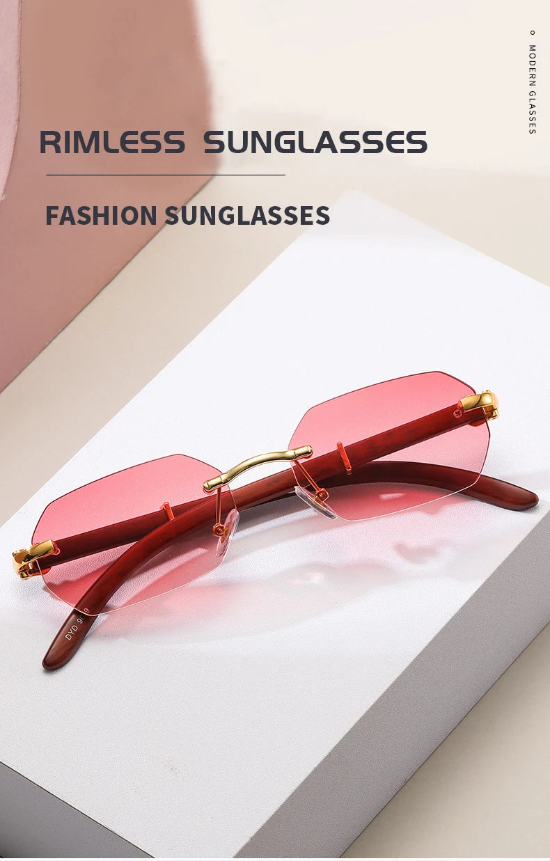 Trendy Rimless Sunglasses for Men Women Frameless Rectangle Wood Frame Sun Glasses Retro Shades Summer Traveling Eyewear UV400