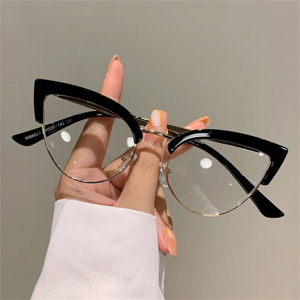 New Vintage Cat Eye Glasses Frame New Stylish Semi Metal Rim Women Eyewear Trendy Brand Design Non-prescription Eyeglasses